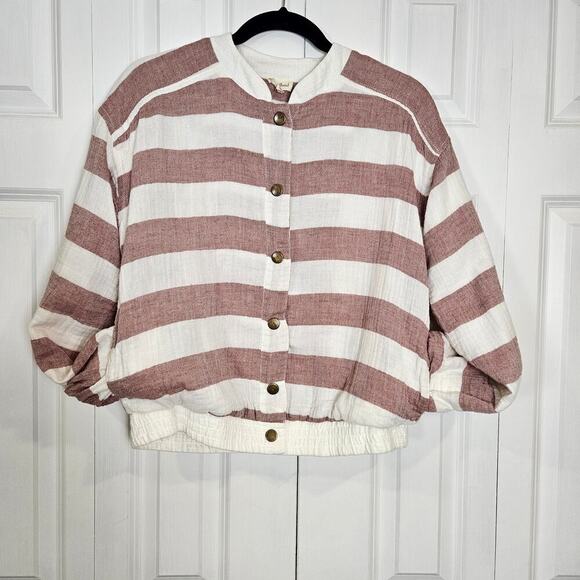 Hem & Thread Cotton Snap Front Medium Lightweight Jacket White Red Stripe - Picture 1 of 9